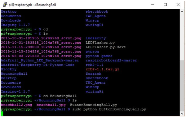 ButtonBouncingBall.py Python Application in LXTerminal